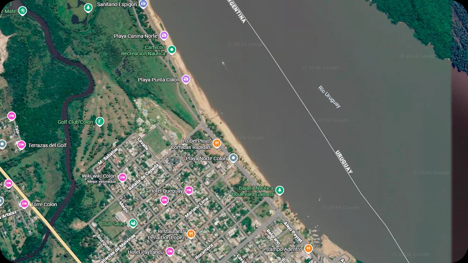 Mapa de la zona de playa Norte en Colón, junto al Río Uruguay, donde está Termas Colón