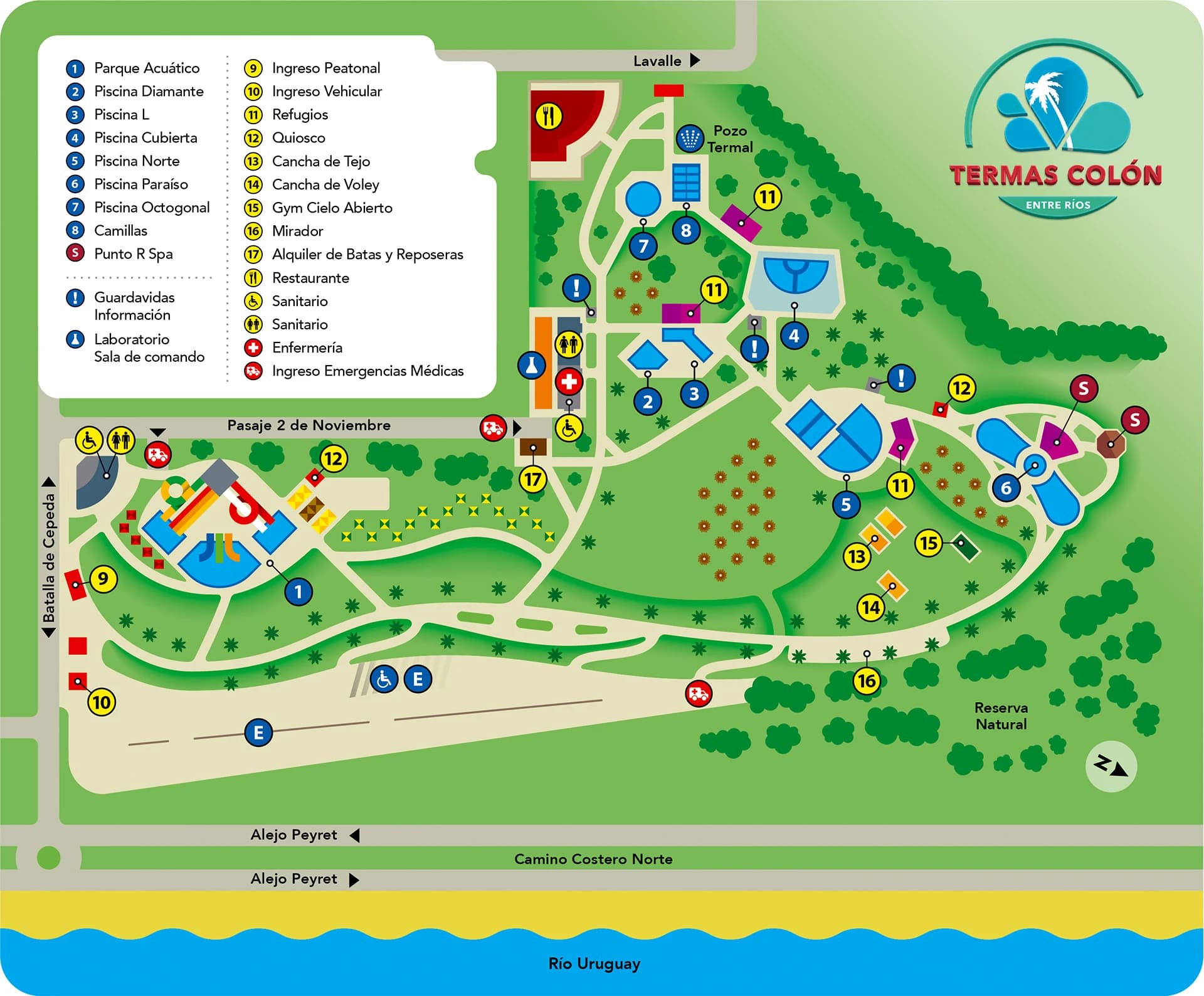 Plano del complejo Termas Colón: parque acuático, piscinas Diamante, L, Cubierta, Norte, Paraíso y Octogonal, camillas, Punto R Spa, ingresos, refugios, quioscos, canchas, restaurante, sanitarios, enfermería y la costa del Río Uruguay